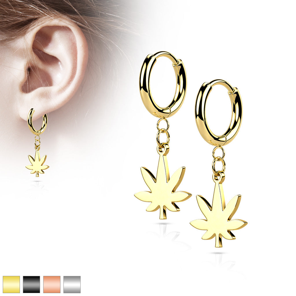 Pair Of 316L Stainless Steel Hinged Hoop Earrings With Pot Leaf Dangle - all colors
