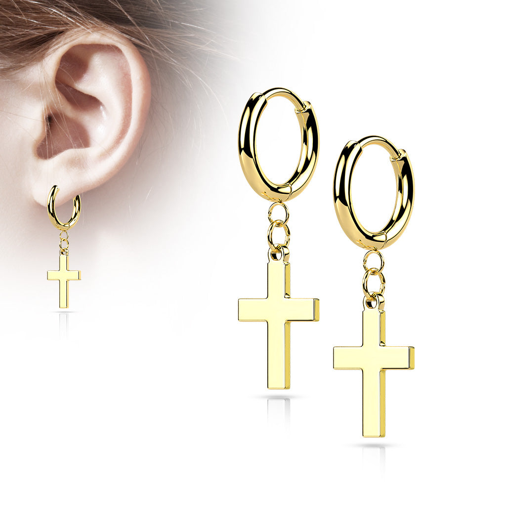 Pair of 316L Stainless Steel Hinged Hoop Earrings with Cross Dangle - Gold