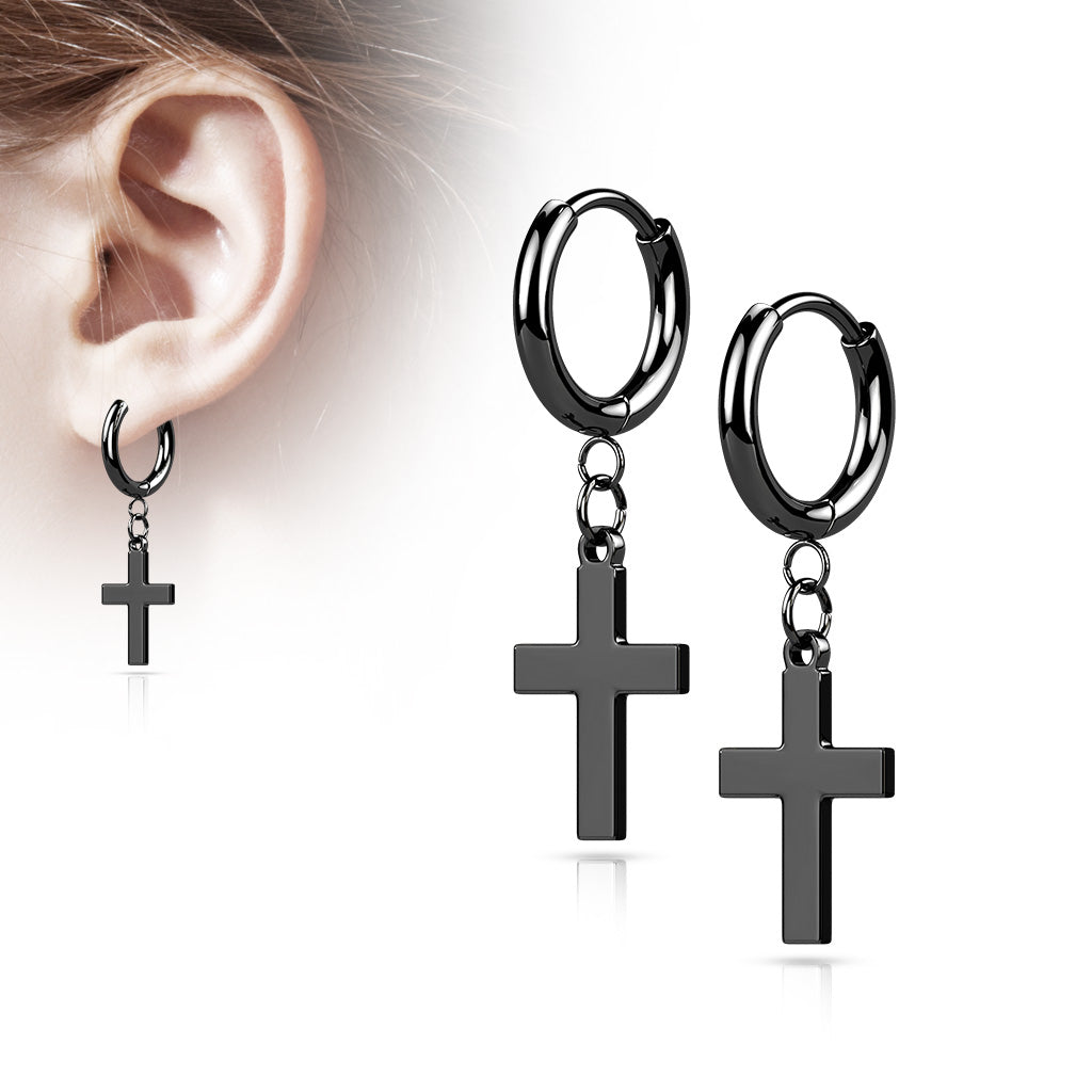 Pair of 316L Stainless Steel Hinged Hoop Earrings with Cross Dangle - Black