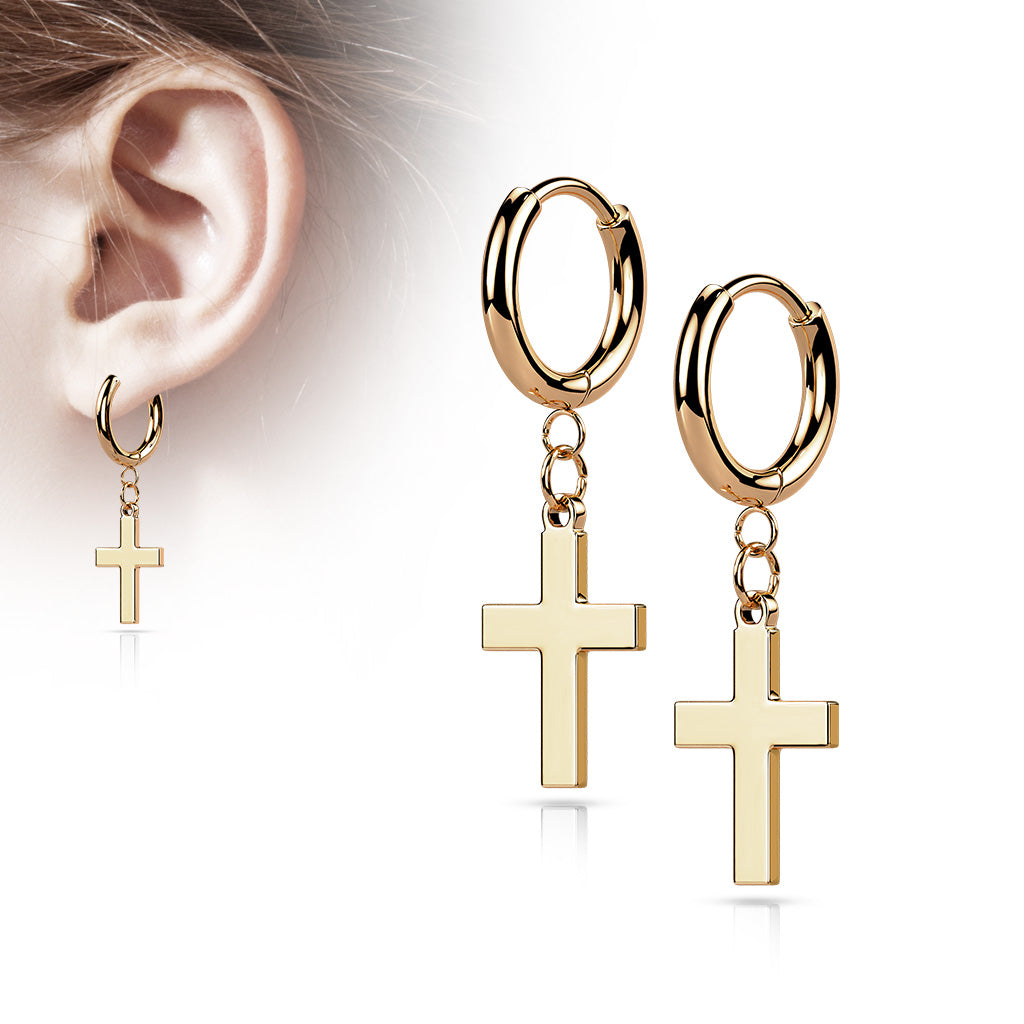 Pair of 316L Stainless Steel Hinged Hoop Earrings with Cross Dangle - Rose Gold
