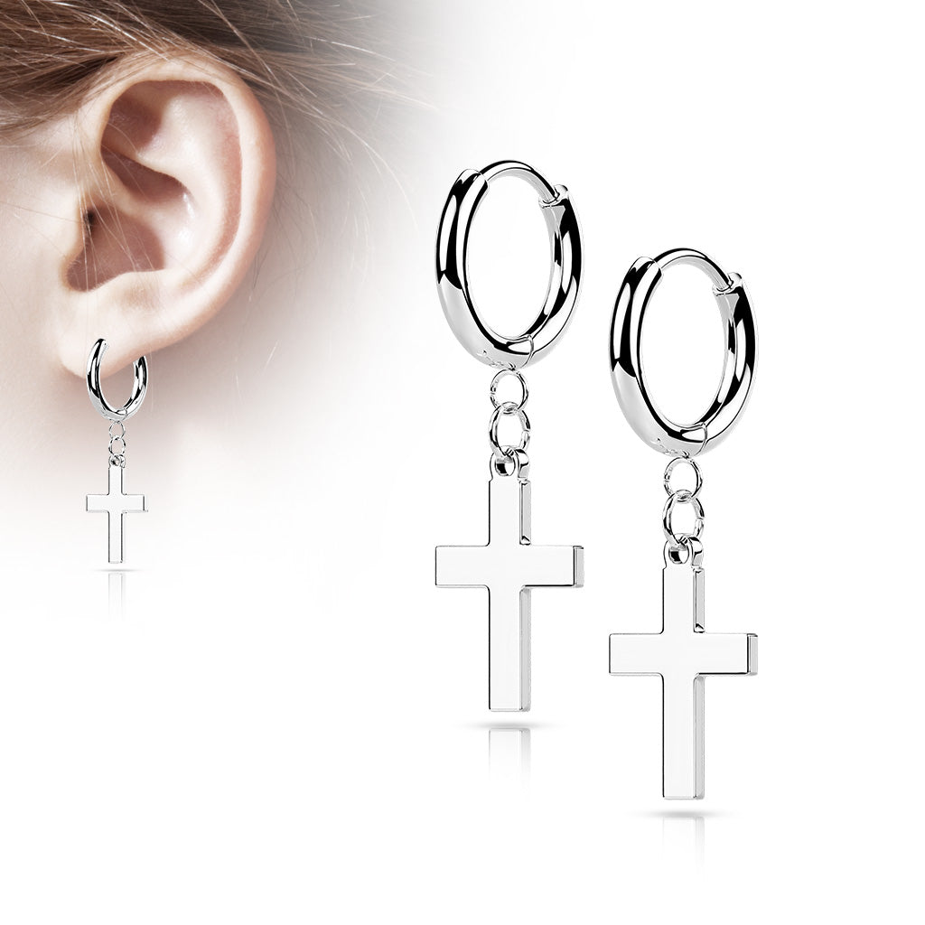 Pair of 316L Stainless Steel Hinged Hoop Earrings with Cross Dangle - Steel