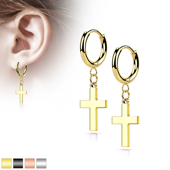 Pair of 316L Surgical Steel Hinged Hoop Earrings With Cross Dangle
