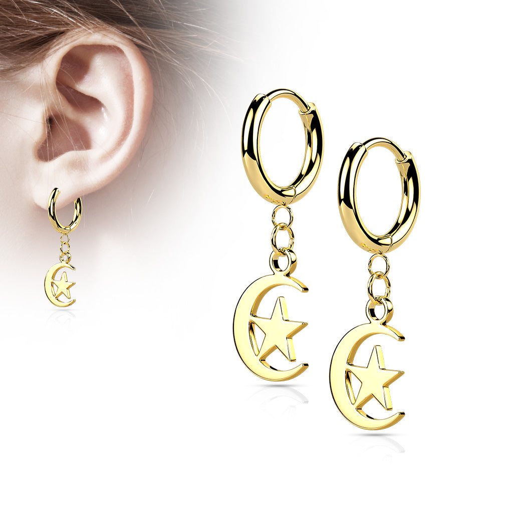 Pair of 316L Stainless Steel Hinged Hoop Earrings with Moon and Star Dangle - Gold