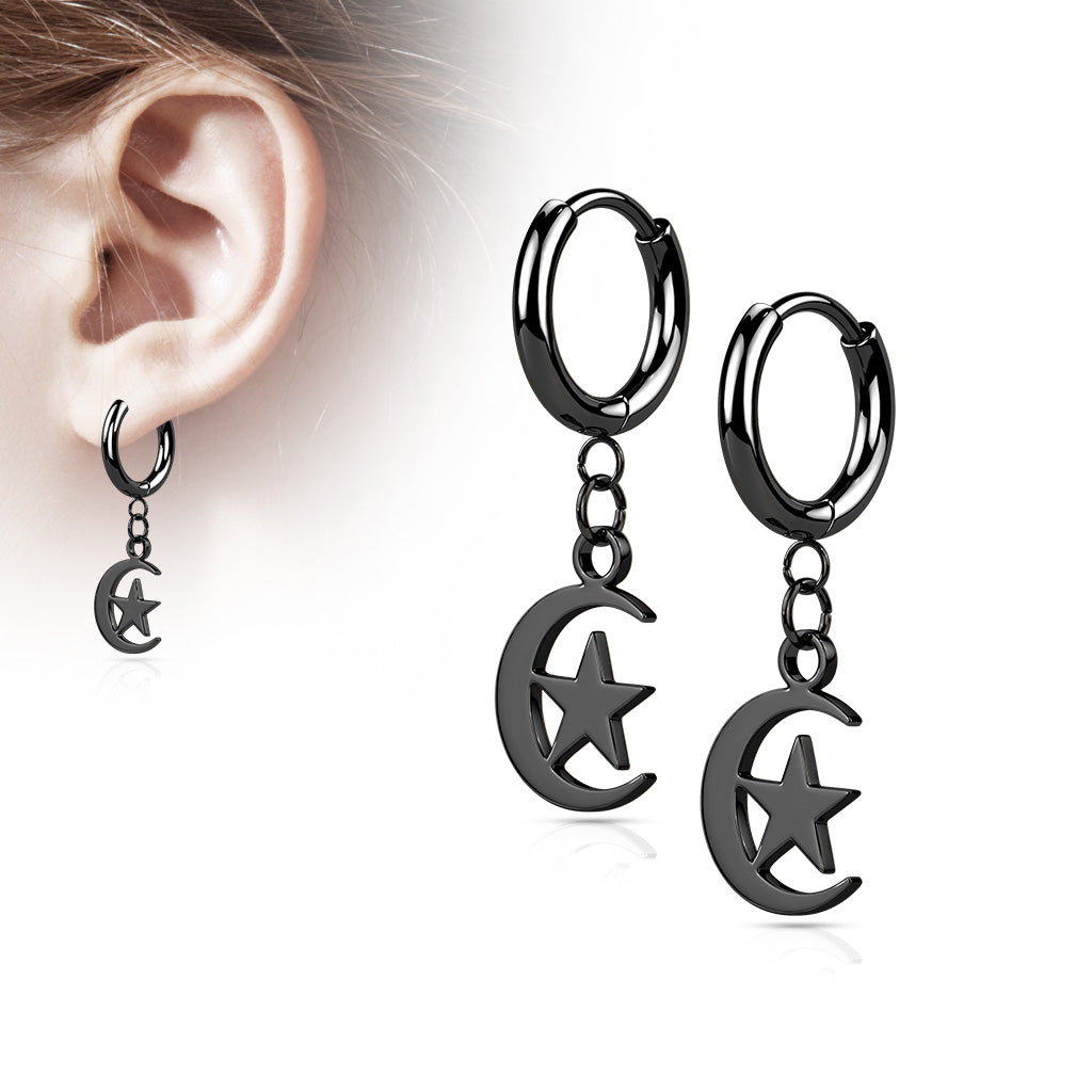 Pair of 316L Stainless Steel Hinged Hoop Earrings with Moon and Star Dangle - Black