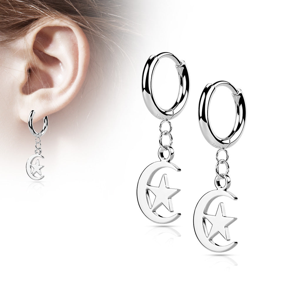 Pair of 316L Stainless Steel Hinged Hoop Earrings with Moon and Star Dangle - Steel