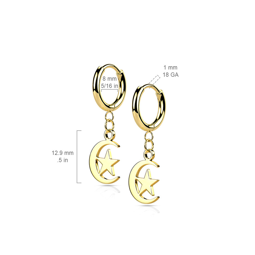 Pair of 316L Stainless Steel Hinged Hoop Earrings with Moon and Star Dangle size chart