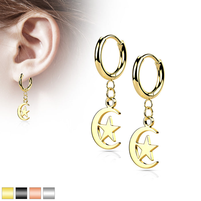 Pair of 316L Surgical Steel Hinged Hoop Earrings With Moon And Star Dangle