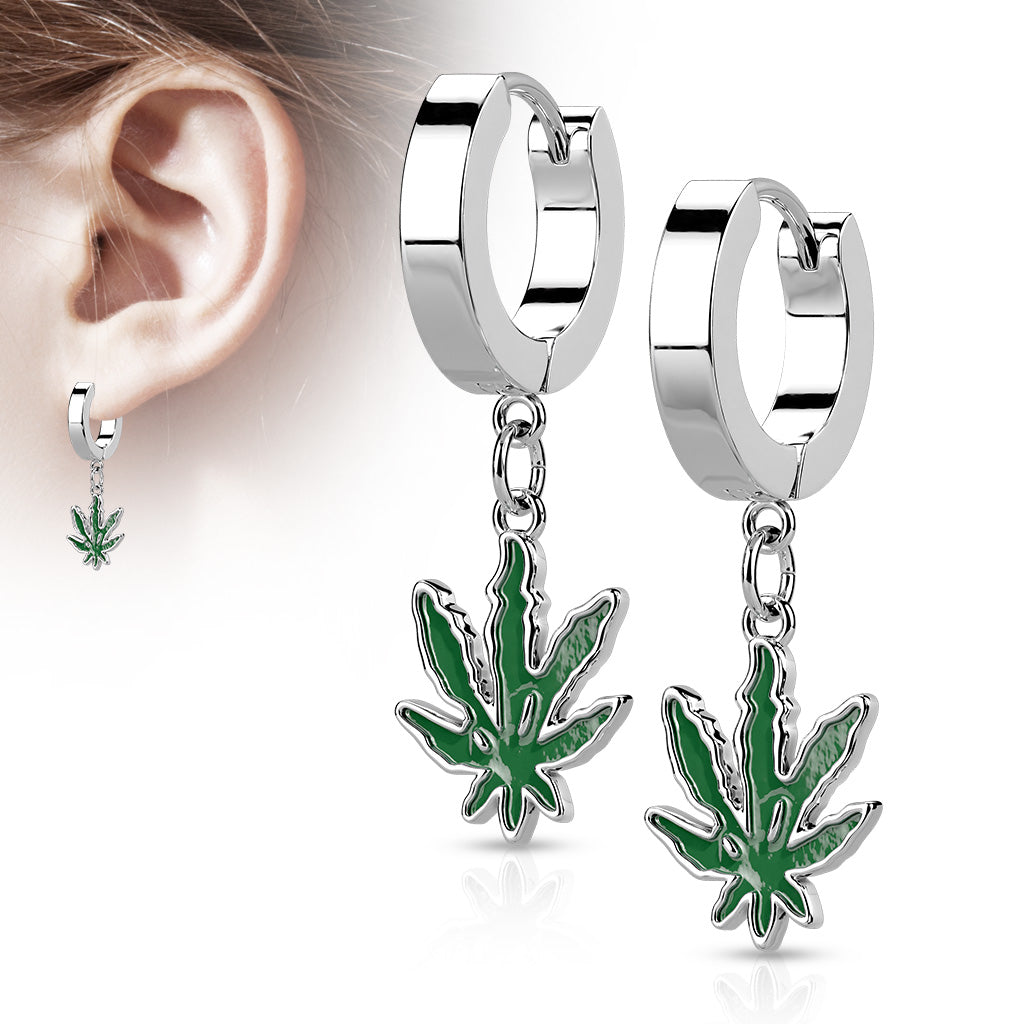 Pair of 316L Stainless Steel Hoop Earrings With Pot Leaf Epoxy Dangle - Steel