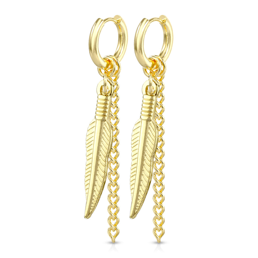 Pair of Feather and Chain Dangle 316L Stainless Steel Round Clicker Hoop Earring - Gold