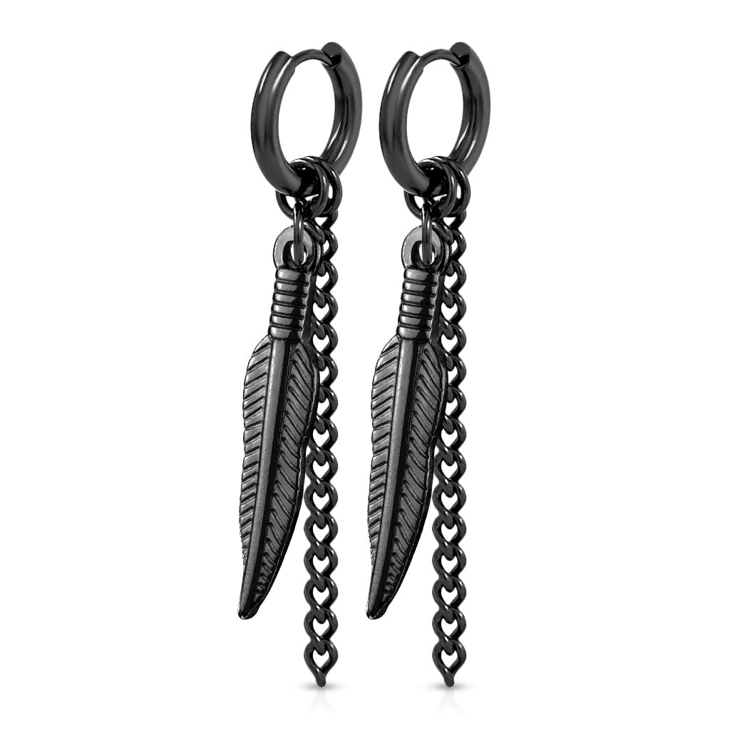 Pair of Feather and Chain Dangle 316L Stainless Steel Round Clicker Hoop Earring - Black