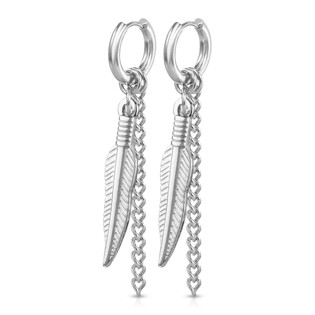 Pair of Feather and Chain Dangle 316L Stainless Steel Round Clicker Hoop Earring - Steel