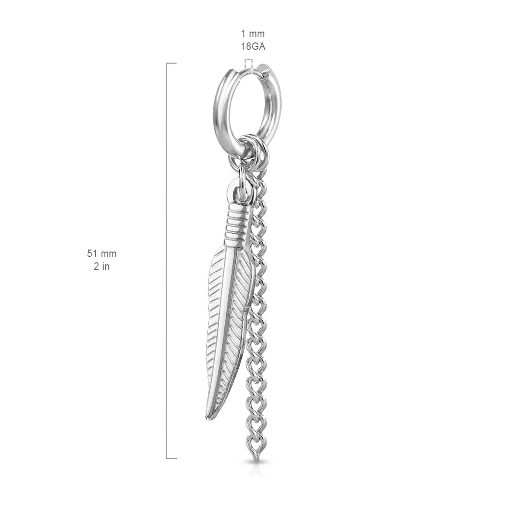 Pair of Feather and Chain Dangle 316L Stainless Steel Round Clicker Hoop Earring size chart