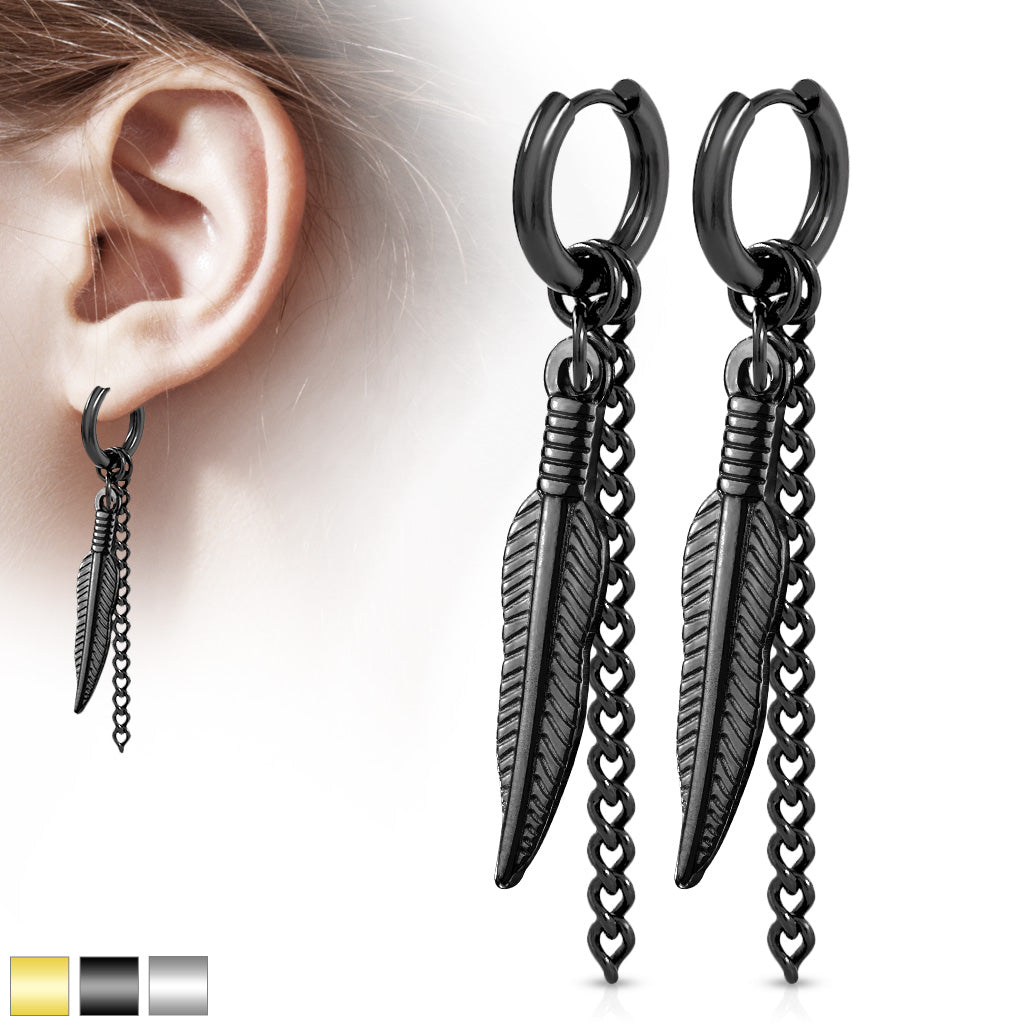 Pair of Feather and Chain Dangle 316L Stainless Steel Round Clicker Hoop Earring - all colors