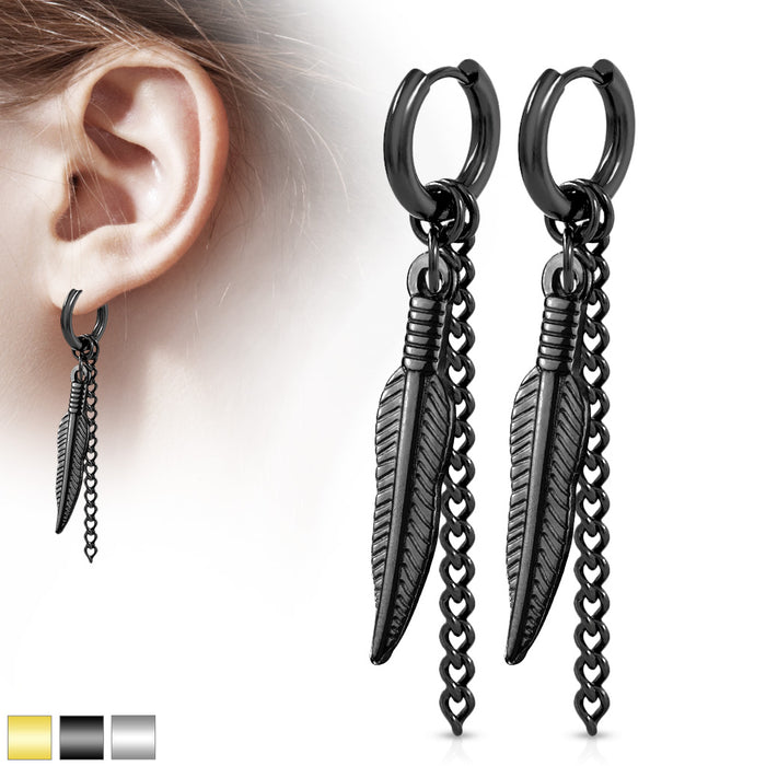 Pair of Feather And Chain Dangle 316L Surgical Steel Round Clicker Hoop Earring