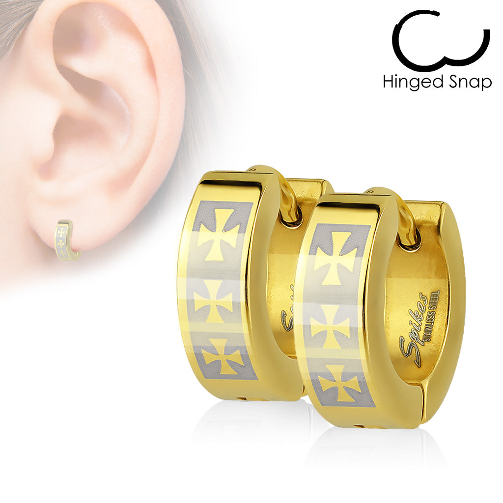 Pair of 316L Stainless Steel Plated Earring with 3 Celtic Crosses - Gold