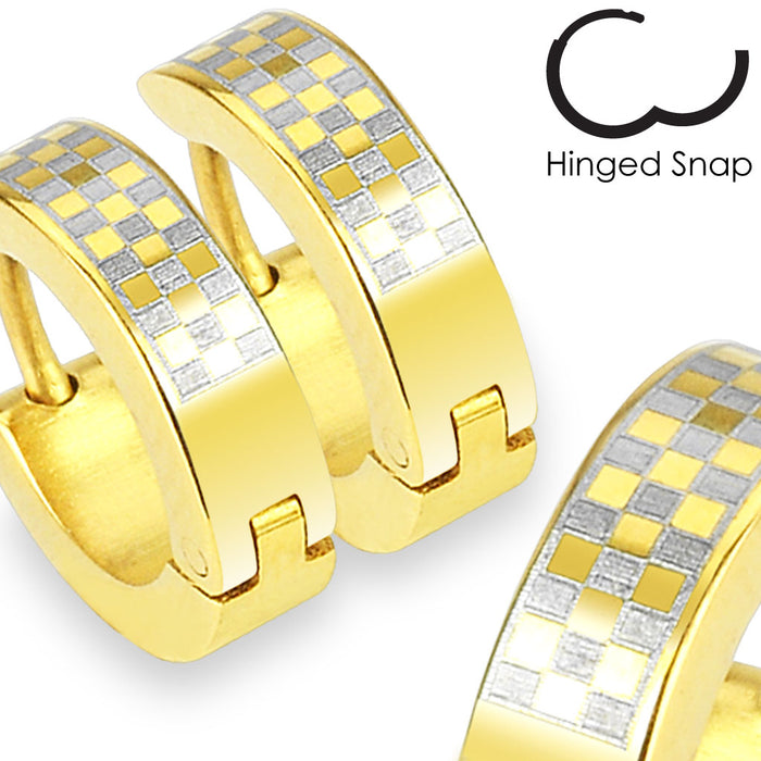 Pair of 316L Surgical Steel Gold Plated Earring With Checker Design