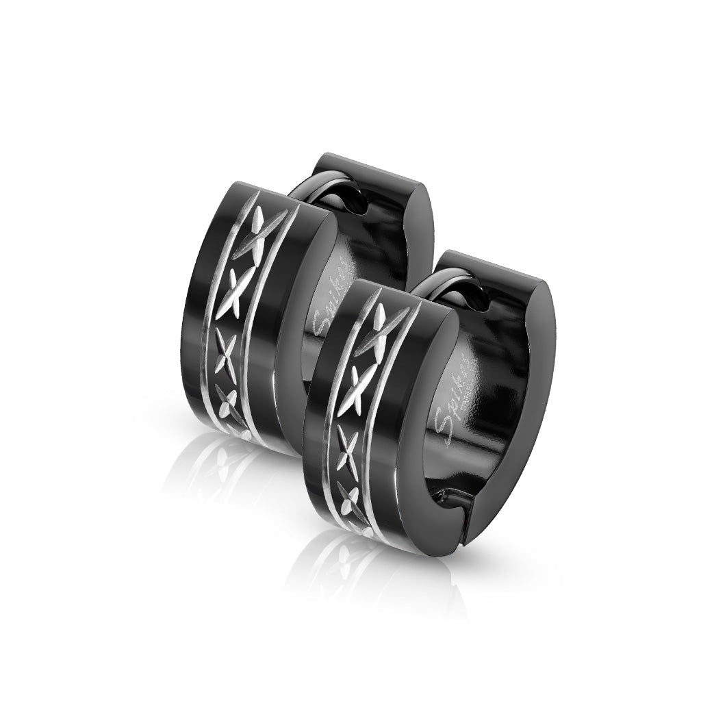 316L Surgical Steel Black Hinged Wide Hoop Earrings With Dia-Cut Grooved Center - Black