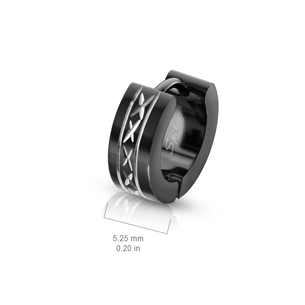 316L Surgical Steel Black Hinged Wide Hoop Earrings With Dia-Cut Grooved Center size chart