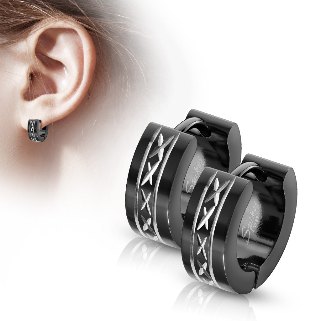 316L Surgical Steel Black Hinged Wide Hoop Earrings With Dia-Cut Grooved Center - all colors