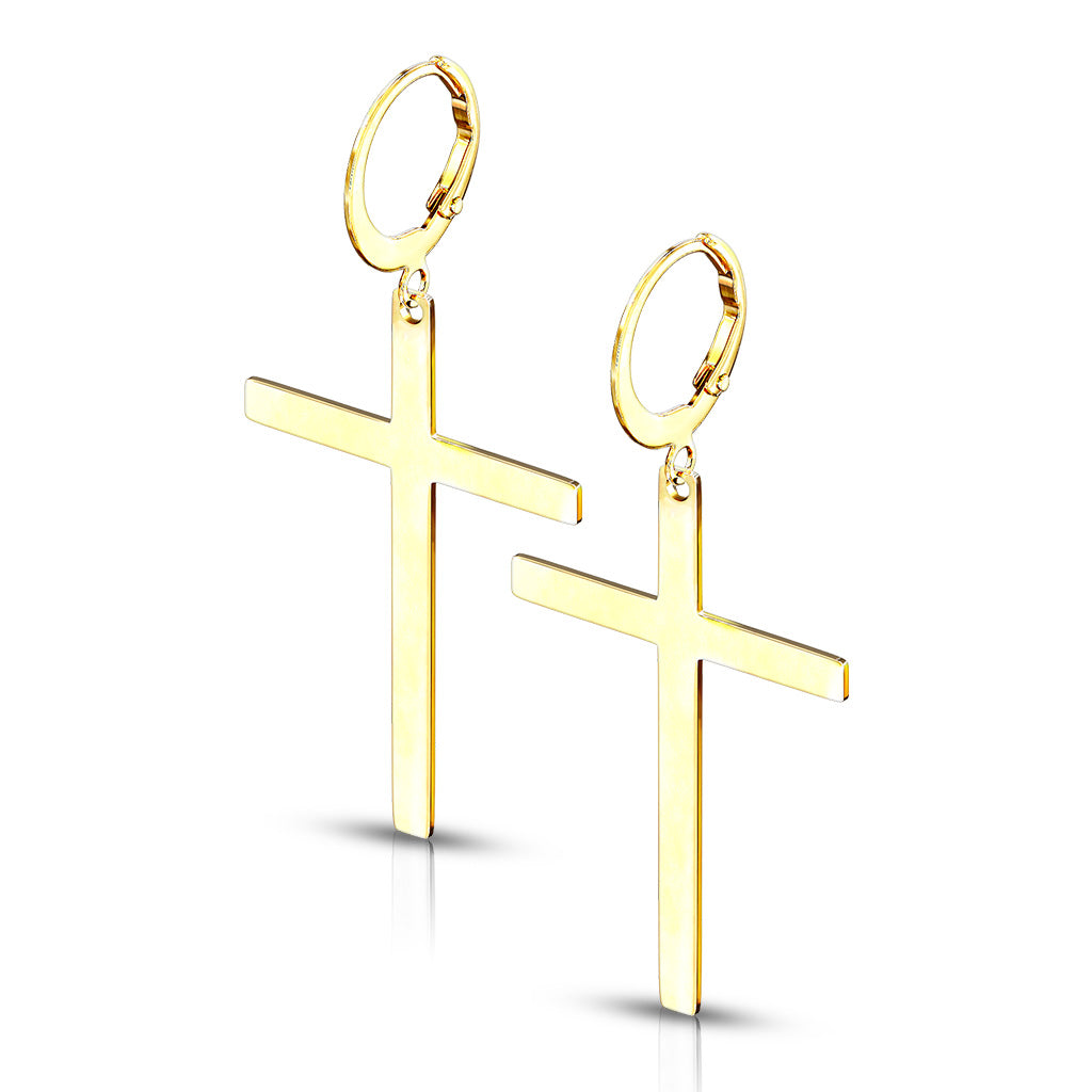 Pair of 316L Stainless Steel Hoop Earrings With Cross Dangle - Gold