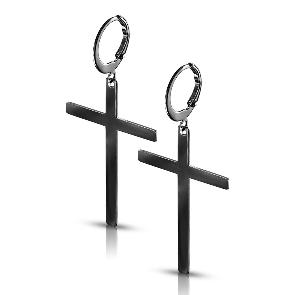 Pair of 316L Stainless Steel Hoop Earrings With Cross Dangle - Black