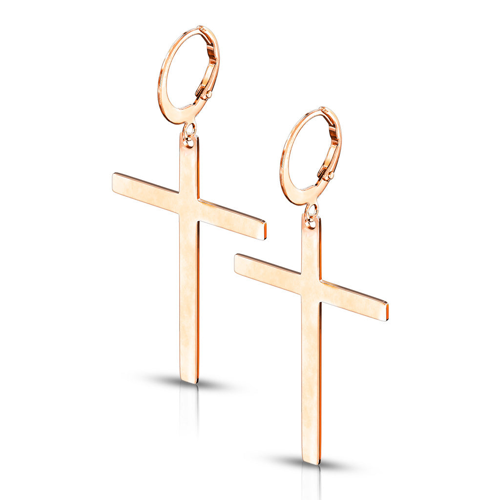 Pair of 316L Stainless Steel Hoop Earrings With Cross Dangle - Rose Gold