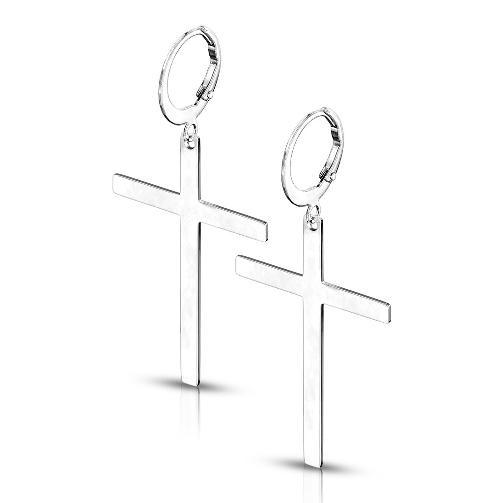 Pair of 316L Stainless Steel Hoop Earrings With Cross Dangle - Steel