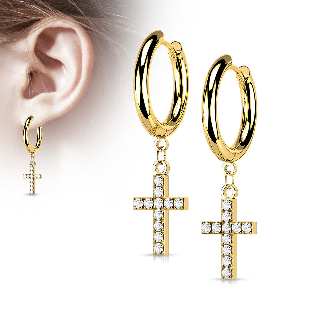 Pair of 316L Surgical Steel Hoop Earrings with CZ Paved Cross Dangle - Gold/Clear