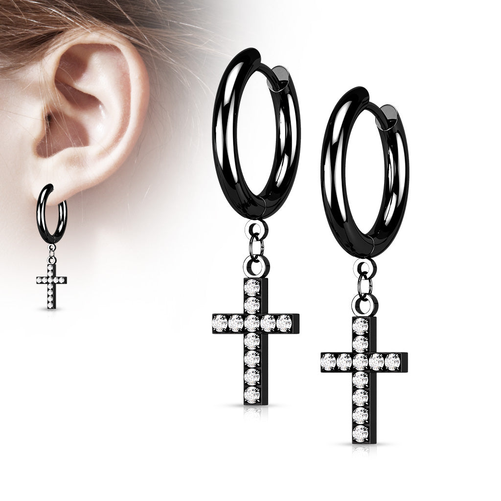 Pair of 316L Surgical Steel Hoop Earrings with CZ Paved Cross Dangle - Black/Clear