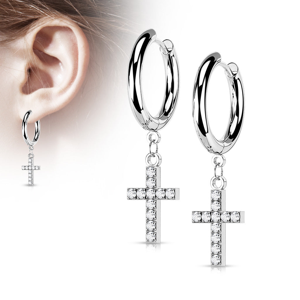 Pair of 316L Surgical Steel Hoop Earrings with CZ Paved Cross Dangle - Steel/Clear