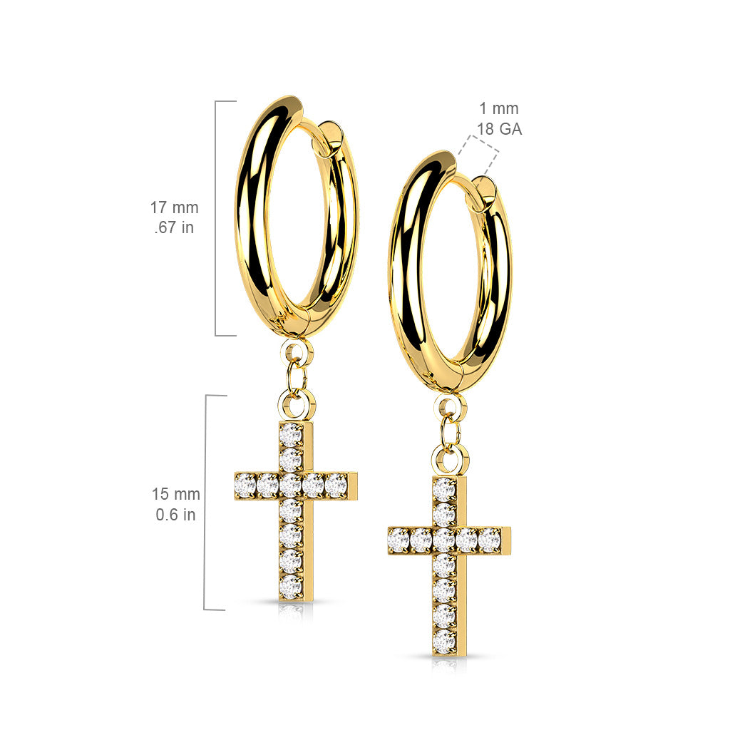 Pair of 316L Surgical Steel Hoop Earrings with CZ Paved Cross Dangle size chart
