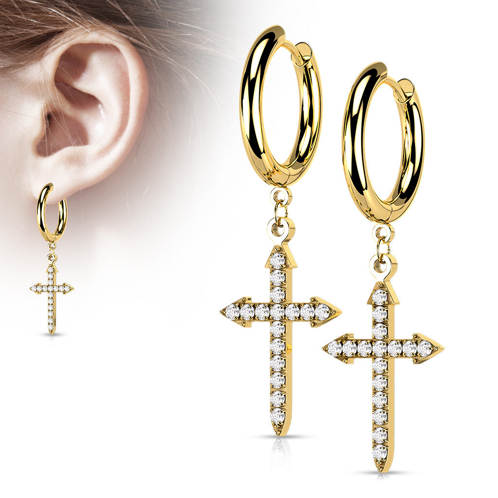 Pair Of 316L Surgical Steel Hoop Earrings With CZ Paved Celtic Cross Dangle - Gold/Clear