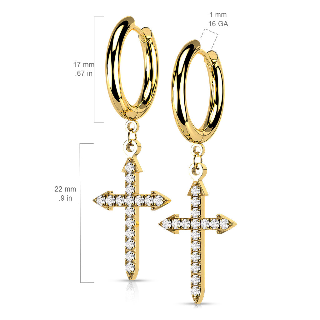 Pair Of 316L Surgical Steel Hoop Earrings With CZ Paved Celtic Cross Dangle size chart