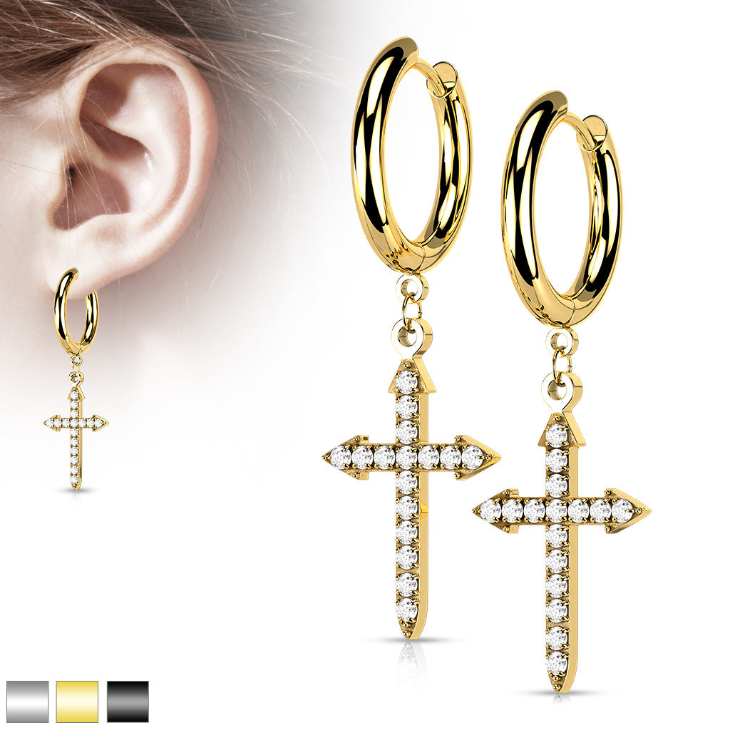 Pair Of 316L Surgical Steel Hoop Earrings With CZ Paved Celtic Cross Dangle - all colors