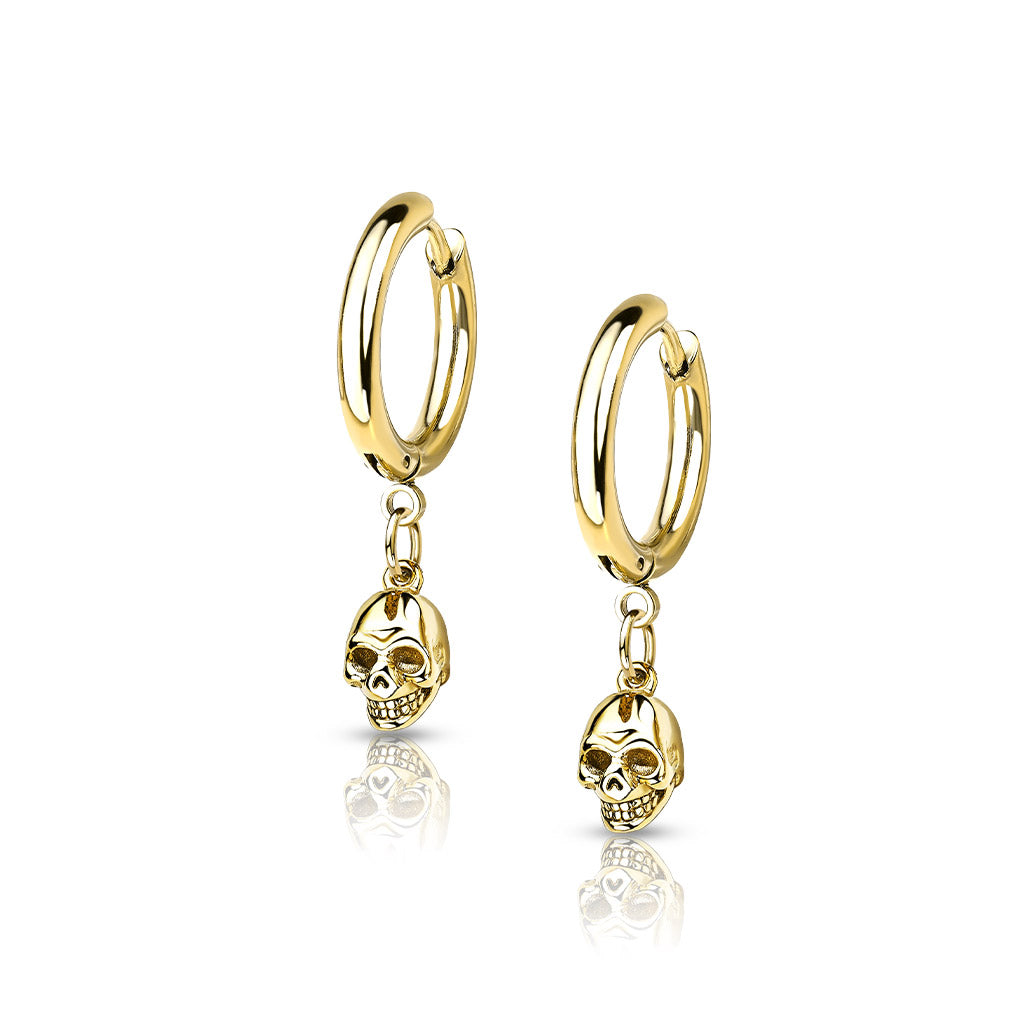 Pair of 316L Surgical Steel Hoop Earrings With Skull Dangle - Gold