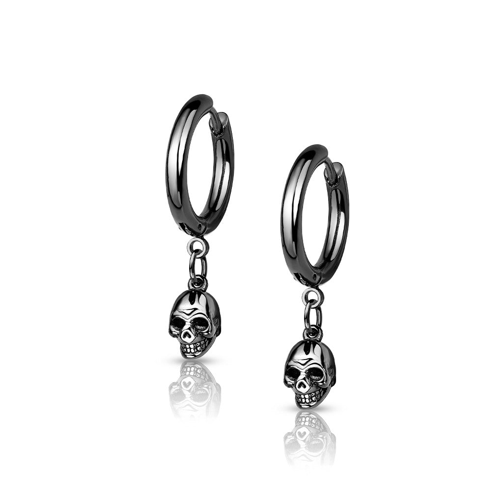 Pair of 316L Surgical Steel Hoop Earrings With Skull Dangle - Black