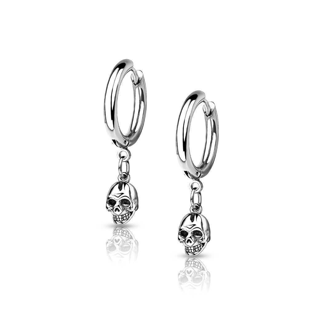 Pair of 316L Surgical Steel Hoop Earrings With Skull Dangle - Steel