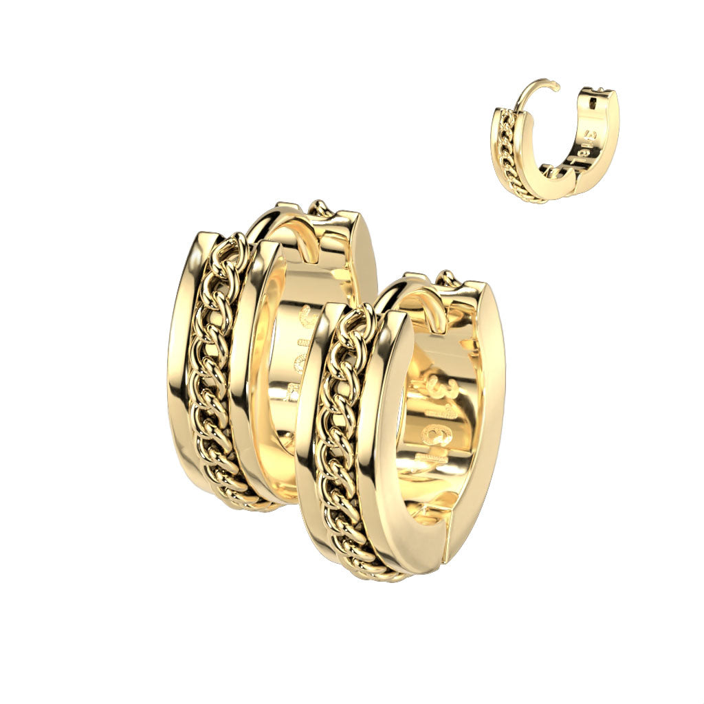 Pair of Stainless Steel Hinge Hoop Earrings With Chain Center - Gold