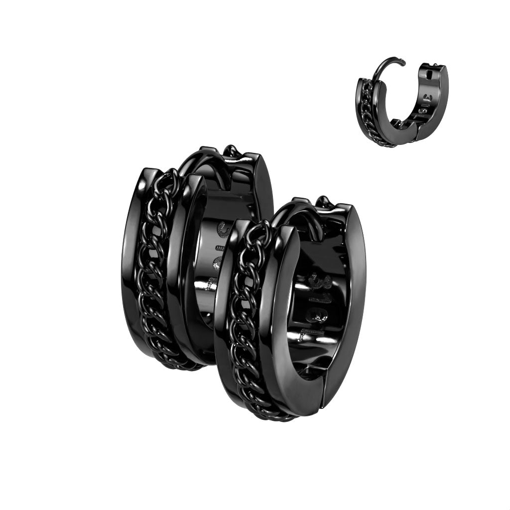 Pair of Stainless Steel Hinge Hoop Earrings With Chain Center - Black
