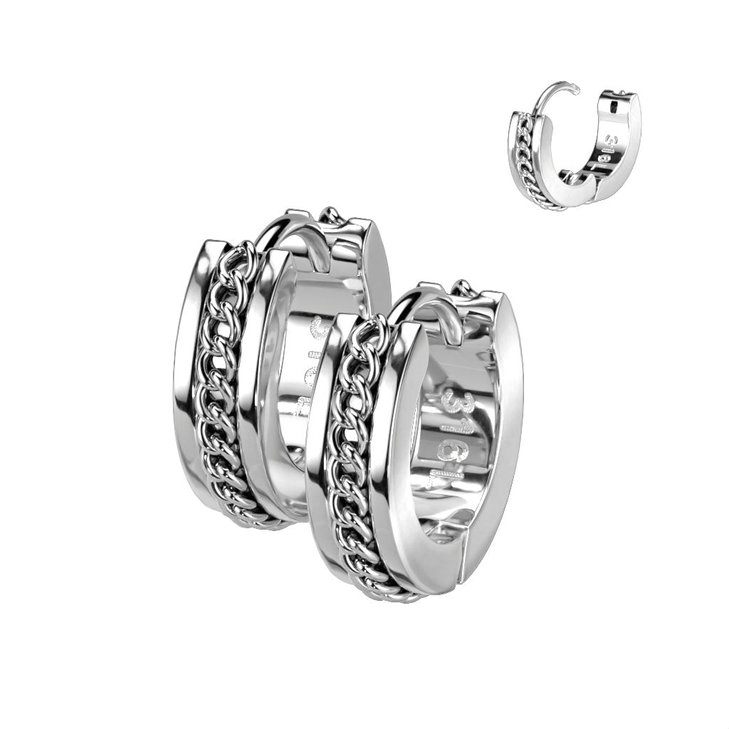 Pair of Stainless Steel Hinge Hoop Earrings With Chain Center - Steel
