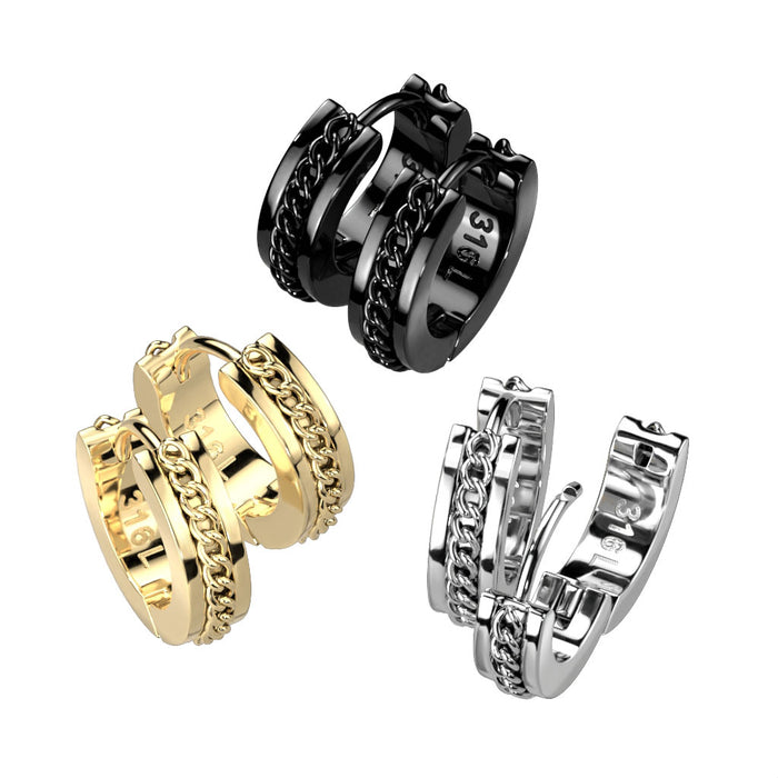 Pair of Stainless Steel Hinge Hoop Earrings With Chain Center