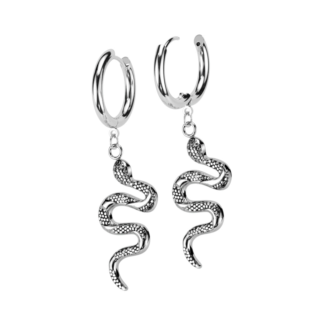 Pair of Snake Dangle 316L Stainless Steel Hoop Earrings - Steel