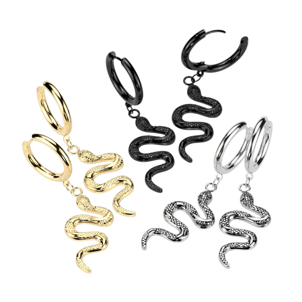 Pair of Snake Dangle 316L Stainless Steel Hoop Earrings - all colors