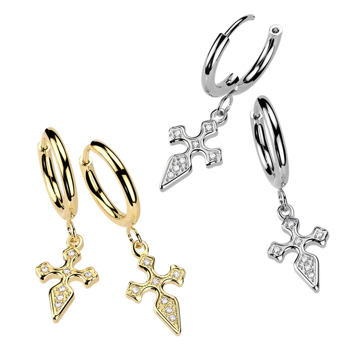316L Pair of Hinged Hoop Earrings With Pave CZ Cross Dangle
