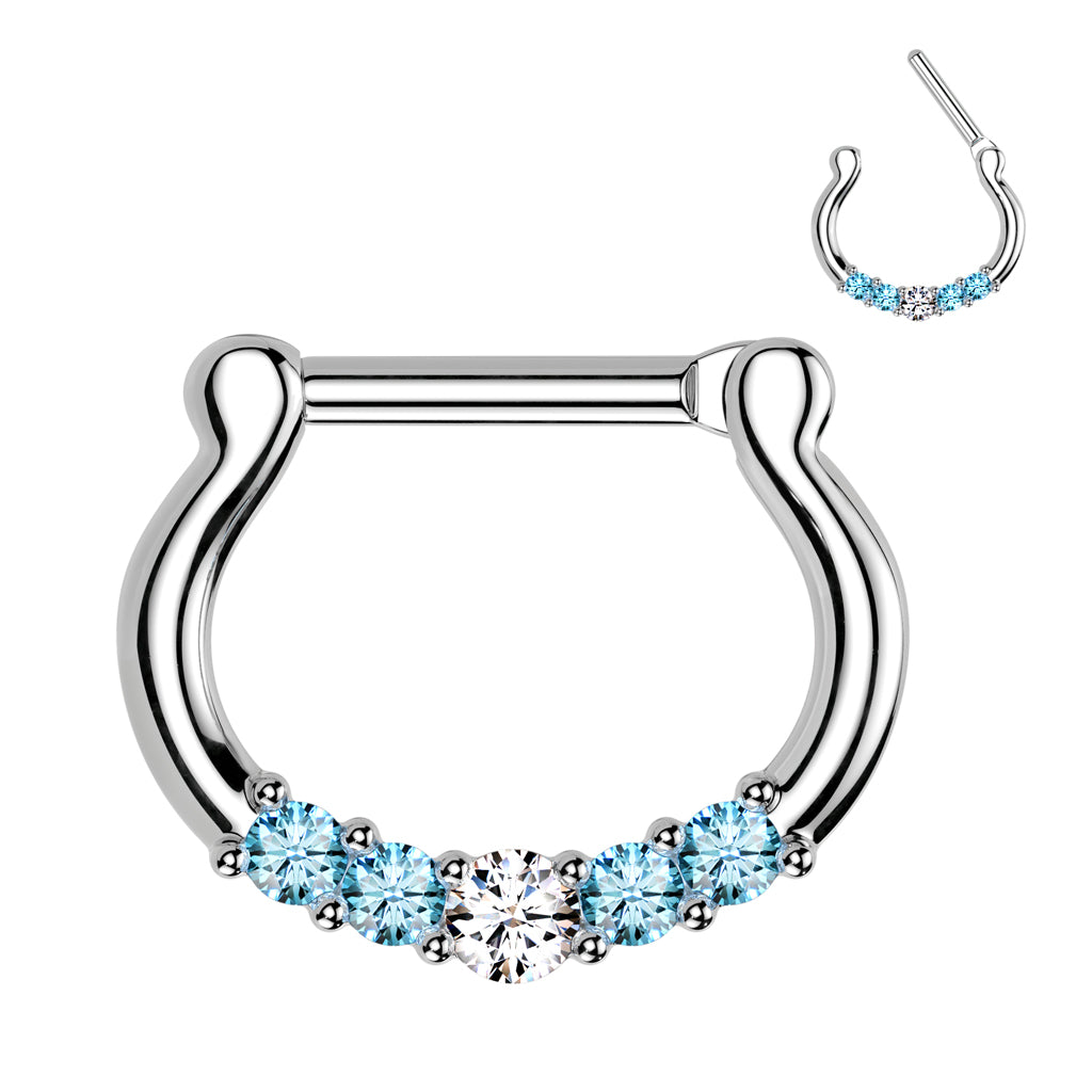 Five-Gems 316L Surgical Steel Septum Clicker Ring - Aqua