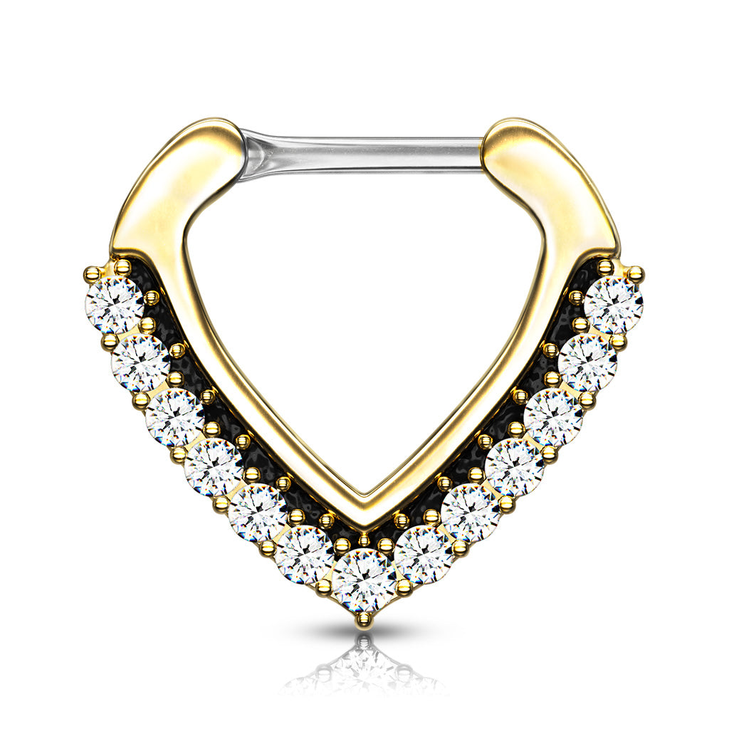 CZ Paved Chevron Shape Clicker For Septum Daith And More - Gold/Clear