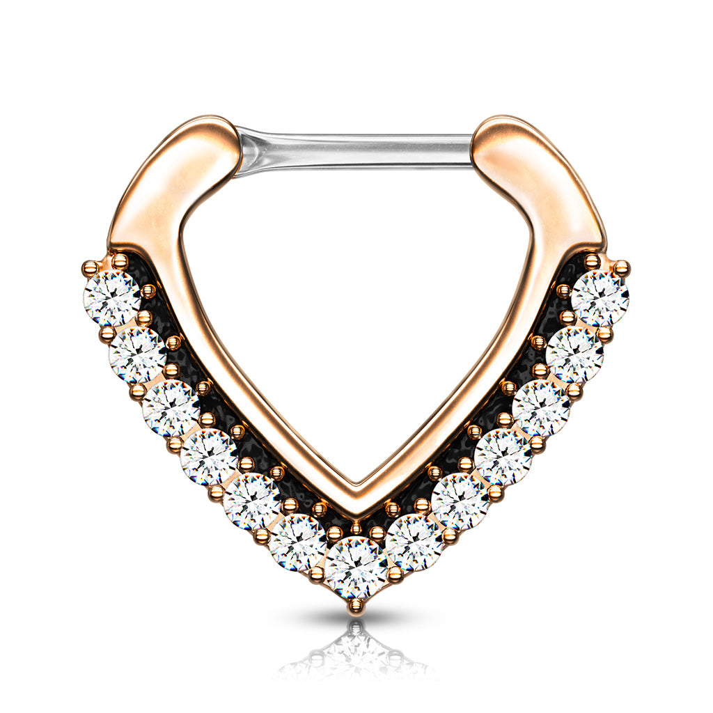 CZ Paved Chevron Shape Clicker For Septum Daith And More - Rose Gold/Clear