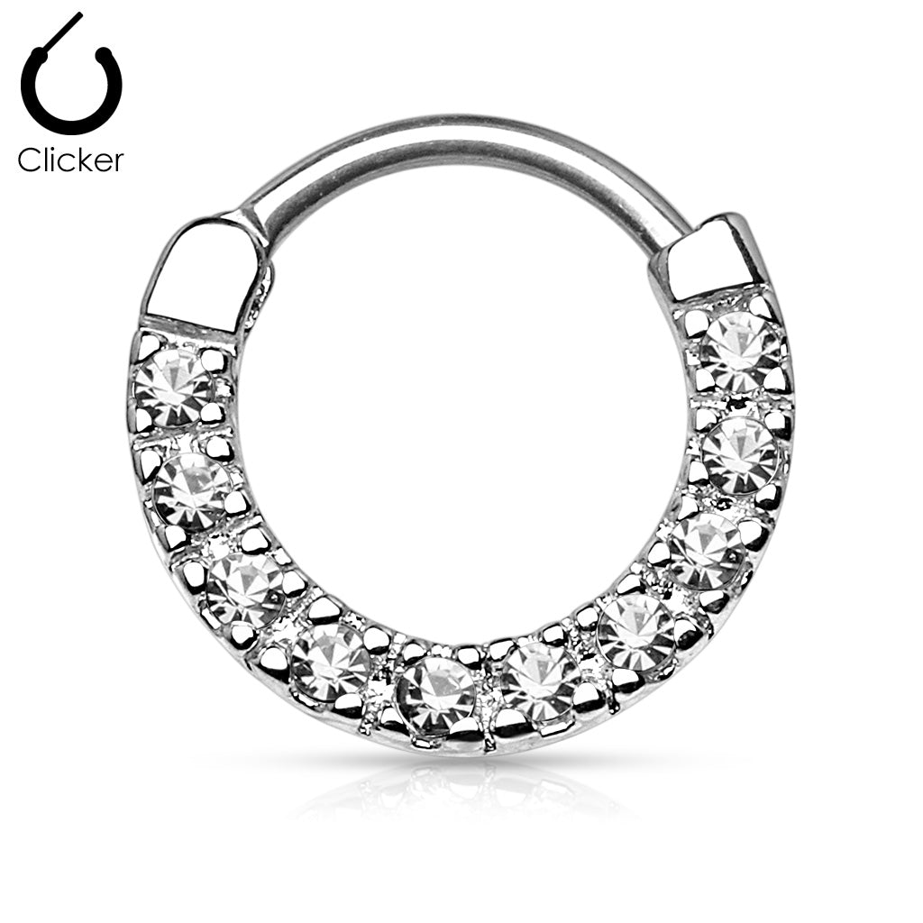 CZ Paved Round Top 316L Surgical Steel Nose Septum/Ear Cartilage Clicker Rings - Clear