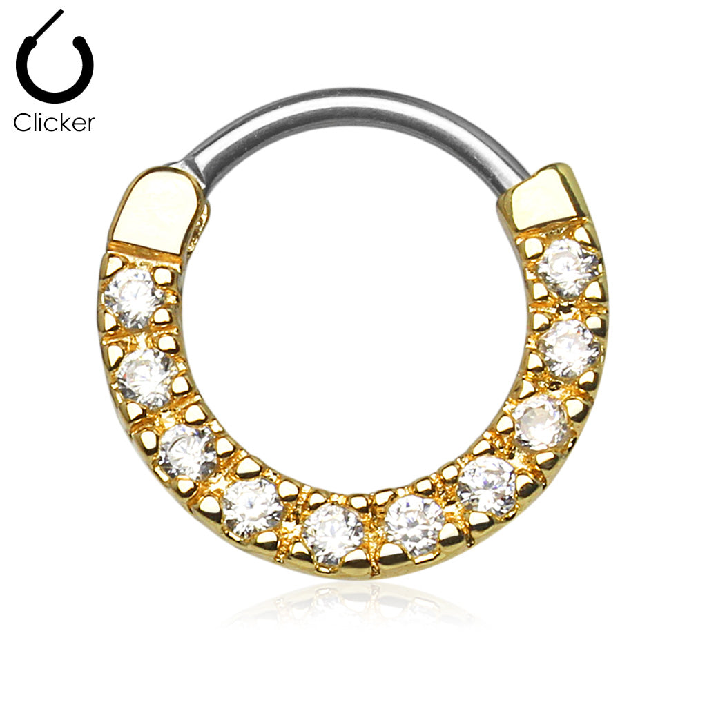CZ Paved Round Top 316L Surgical Steel Nose Septum/Ear Cartilage Clicker Rings - Gold/Clear