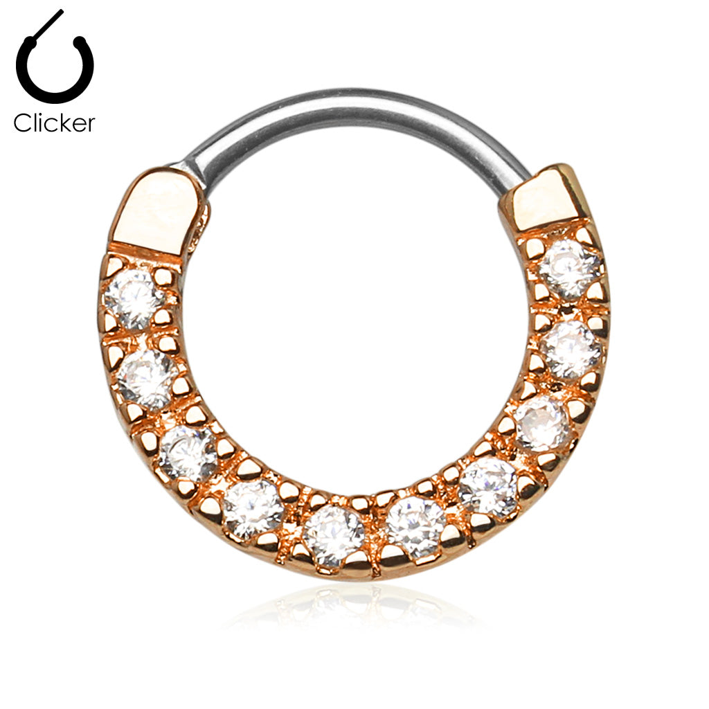 CZ Paved Round Top 316L Surgical Steel Nose Septum/Ear Cartilage Clicker Rings - Rose Gold/Clear